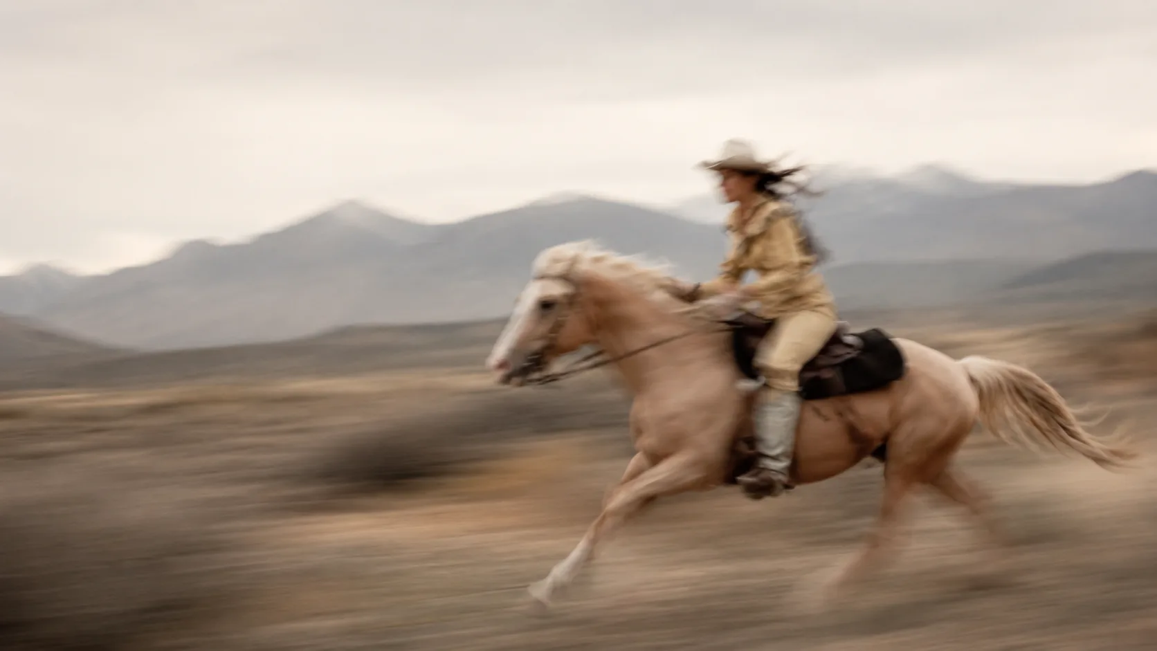 A rider crossing open country on horseback