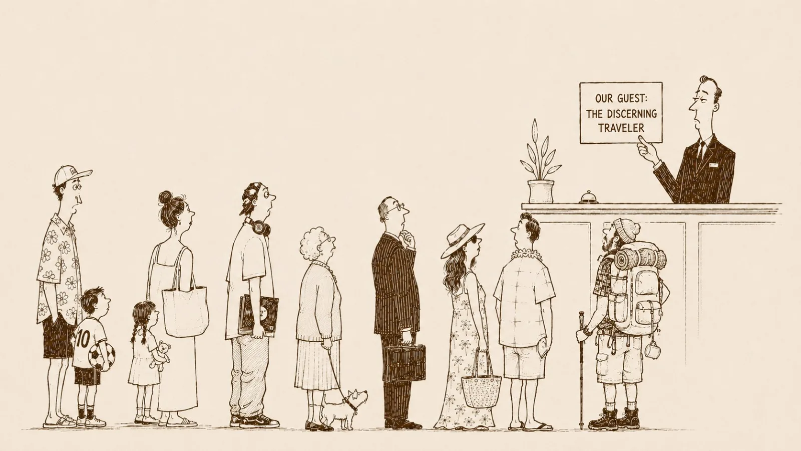 A long queue of very different travellers at a hotel reception under a sign reading Our Guest: The Discerning Traveler